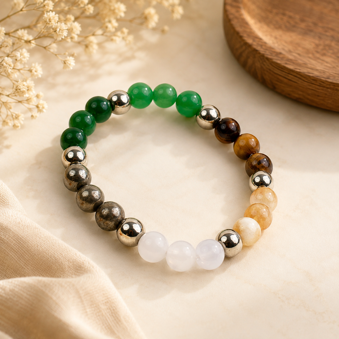 GemSakti Dhan Yog Bracelet with Tiger Eye, Pyrite, Citrine, Quartz, Green Aventurine and Hematite