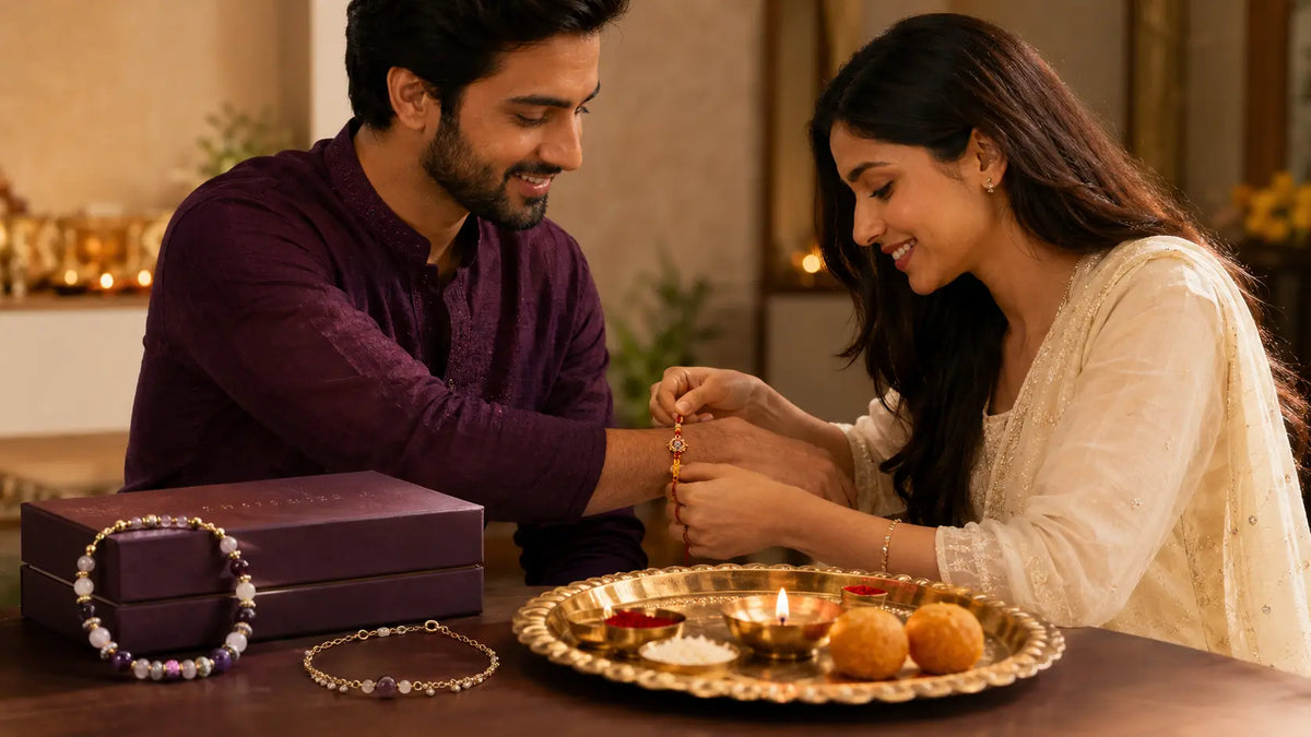 Best Raksha Bandhan gifts for brother and sister with Rakhi thali and spiritual jewellery