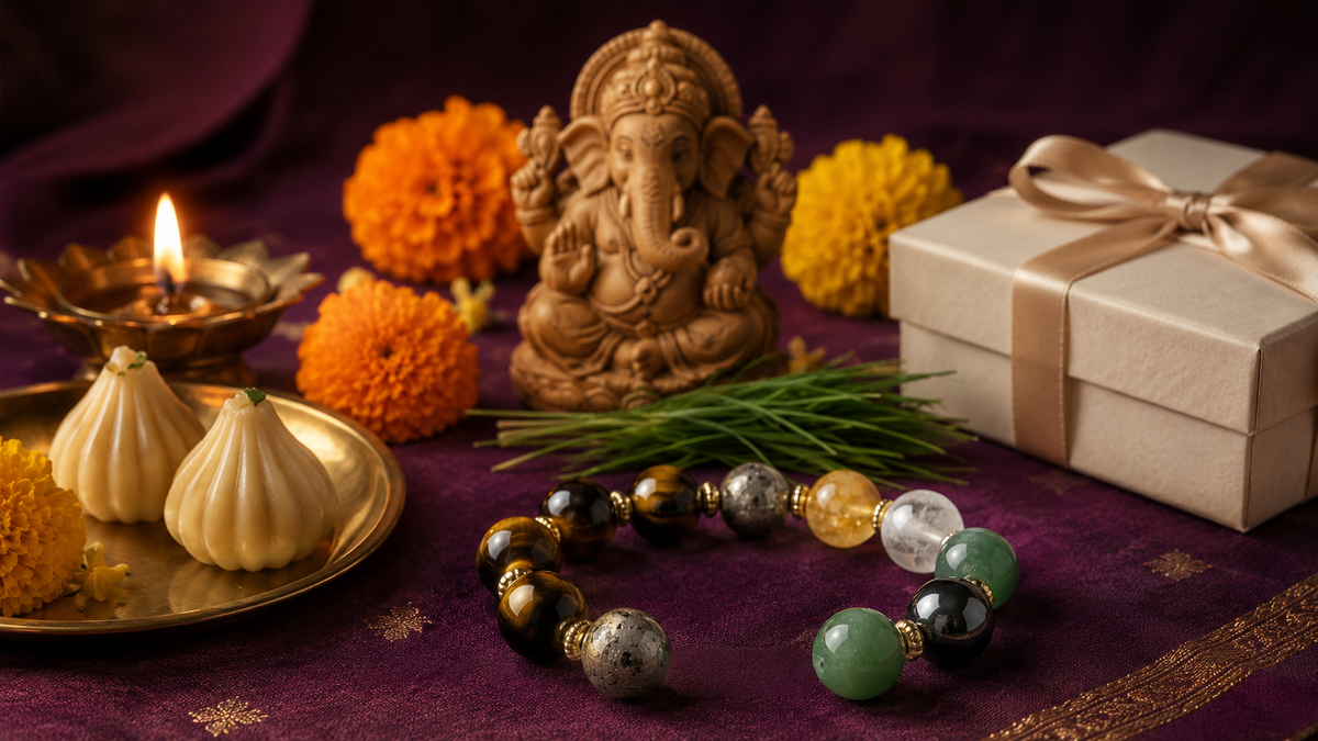 Ganesh Chaturthi gift ideas with eco-friendly Ganesha, modaks, diya and Gem Sakti crystal bracelet