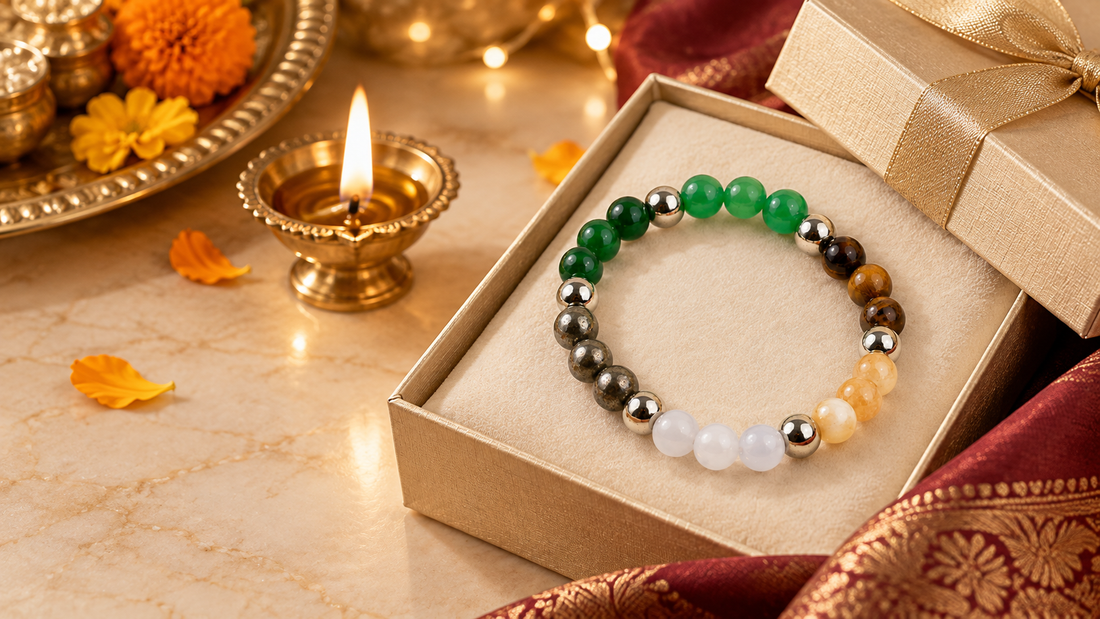 Dhanteras gift ideas for 2026 with diya, festive thali and GemSakti crystal bracelet