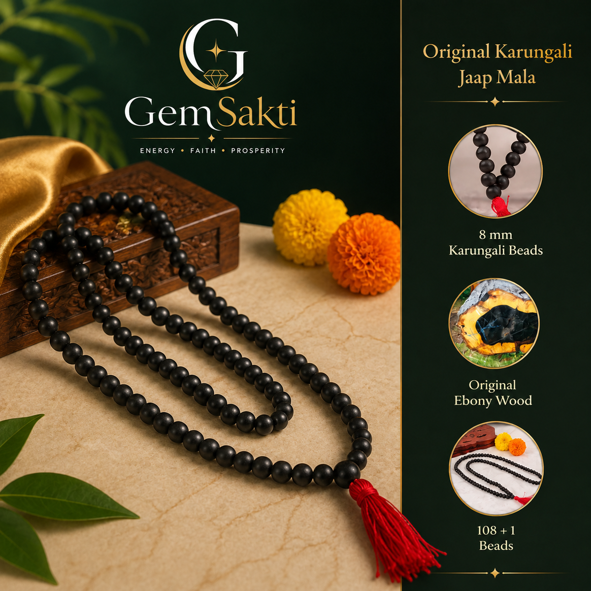 Karungali Malai 8mm – Natural Ebony Wood Mala | GemSakti
