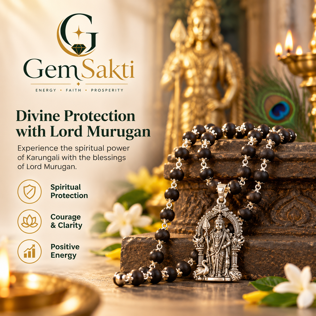 GemSakti Karungali Murugan Vel Mala (54 Beads) with Silver Vel Pendant