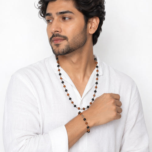 5 Mukhi Rudraksha & Karungali Mala Set – Silver Capping | GemSakti