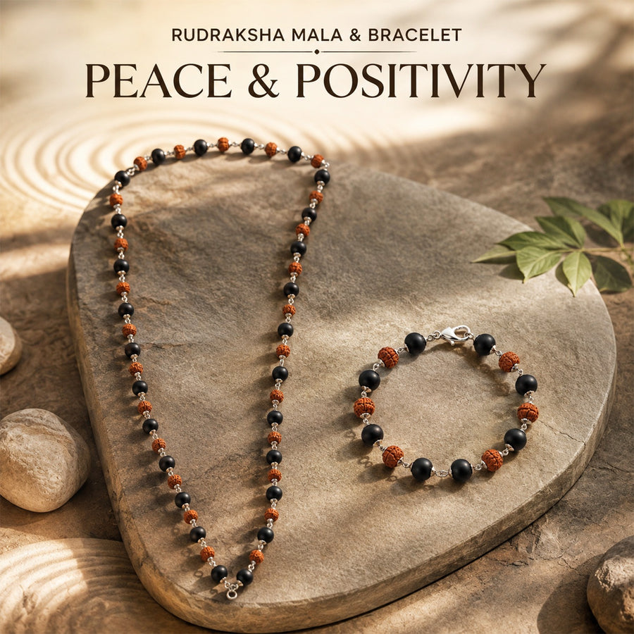 5 Mukhi Rudraksha & Karungali Mala Set – Silver Capping | GemSakti