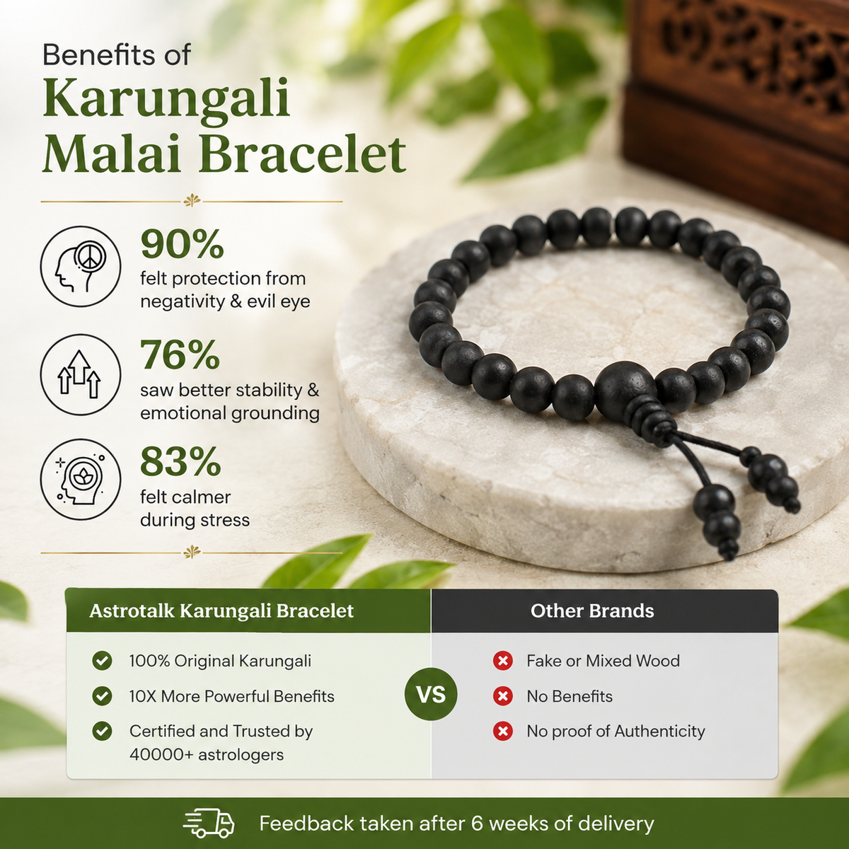 Natural Karungali Ebony Wood Bracelet for Daily Wear - GemSakti