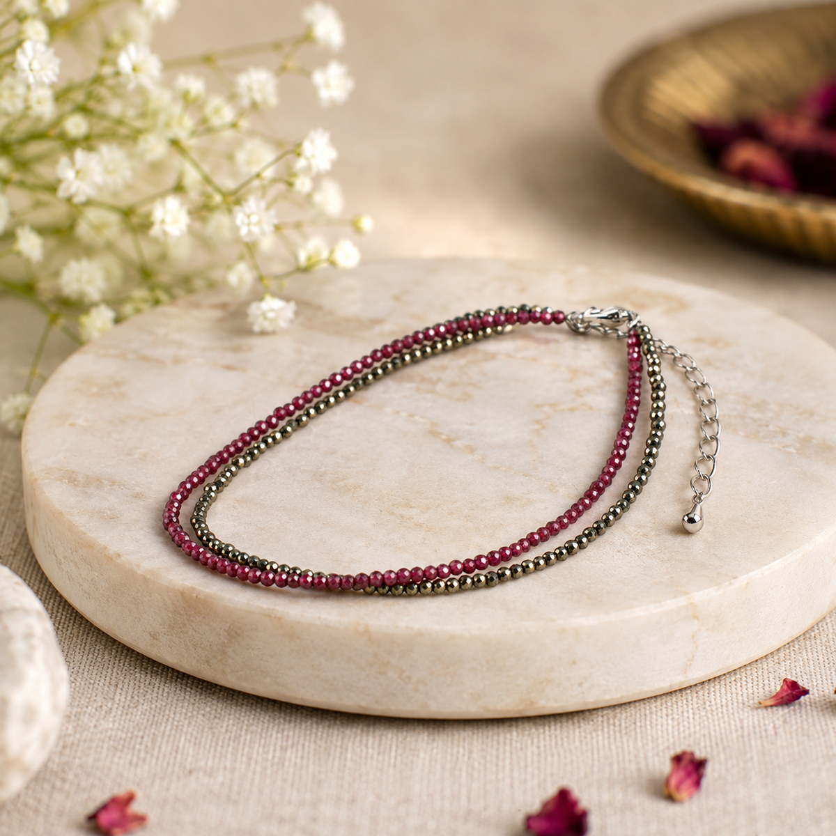 Pyrite & Garnet Anklet – Love, Prosperity & Confidence | GemSakti