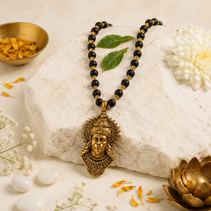 Gold-Plated Karungali Mala with Hanuman Kavach Pendant