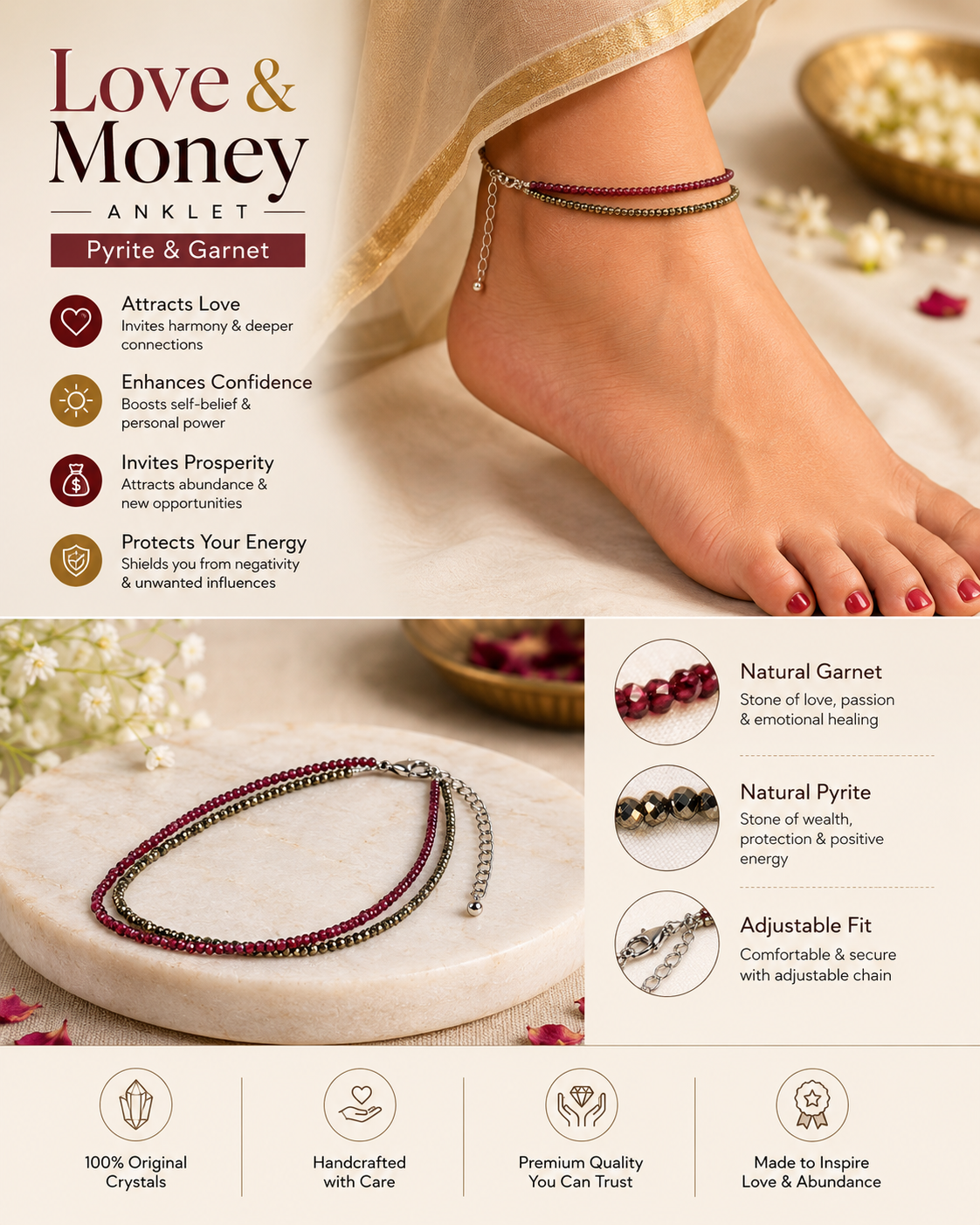 Pyrite & Garnet Anklet – Love, Prosperity & Confidence | GemSakti