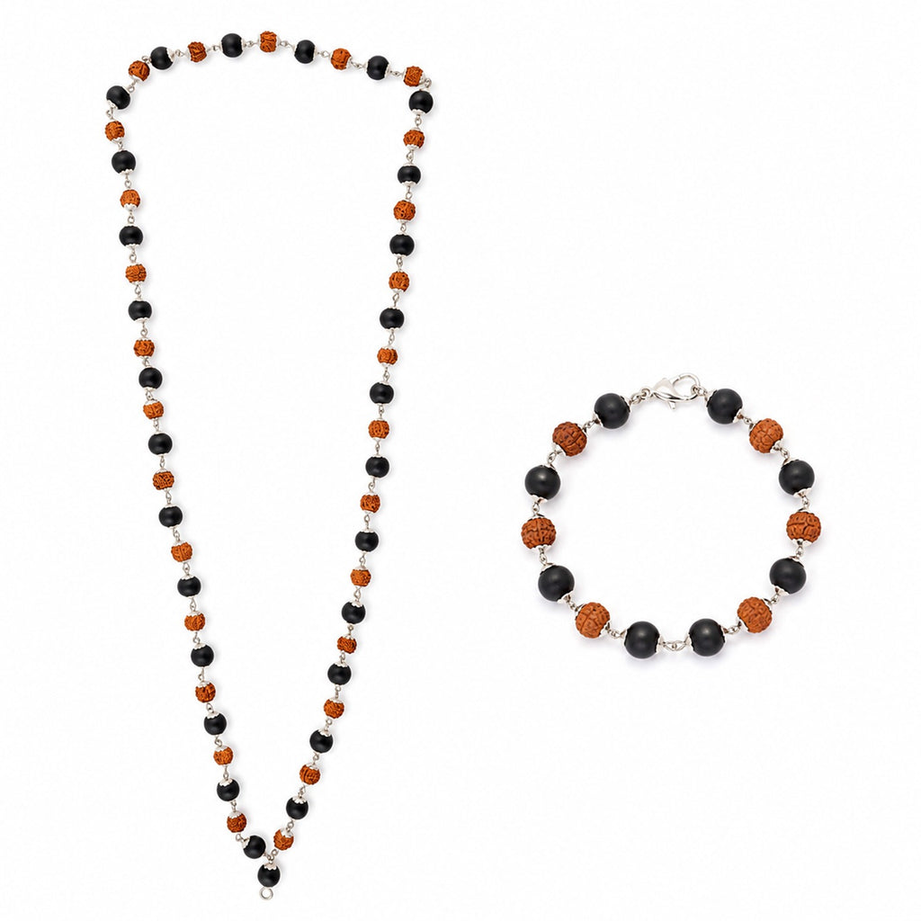 5 Mukhi Rudraksha & Karungali Mala Set – Silver Capping | GemSakti