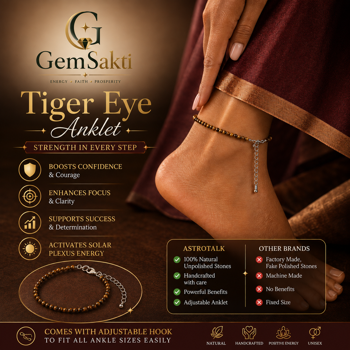 Tiger Eye Anklet – Confidence & Protection | GemSakti